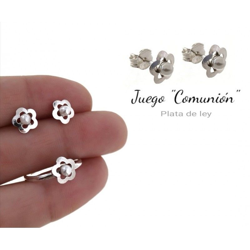 Conjunto Pendientes y Anillo de Plata rodiada y Perla para niña