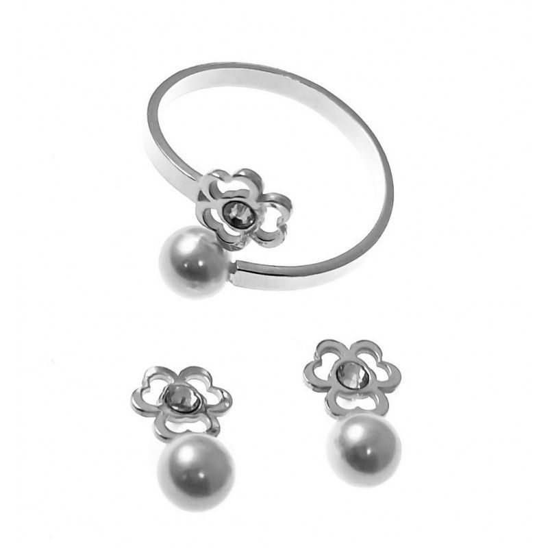 Conjunto Comunión Pendientes y Anillo de Plata de ley con Perlas
