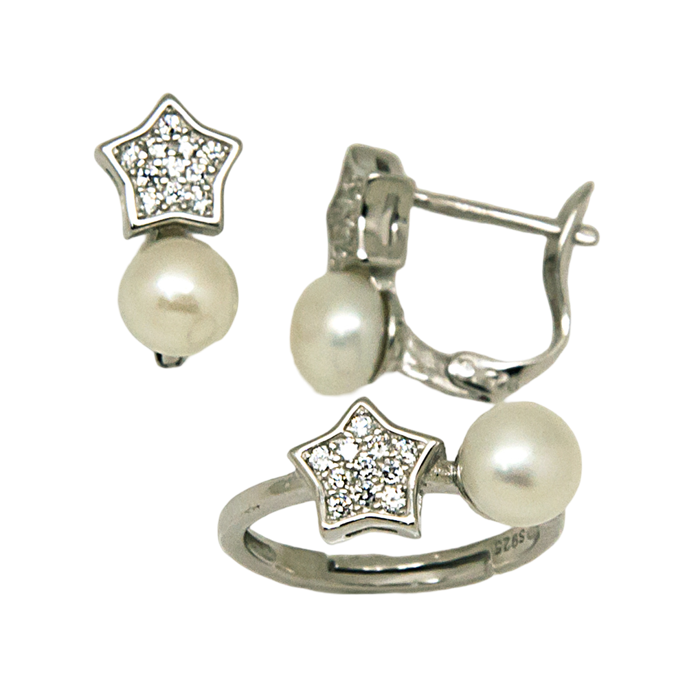 Conjunto Pendientes y Sortija ajustable estrella de Plata rodiada con Perlas cultivadas y Circonitas