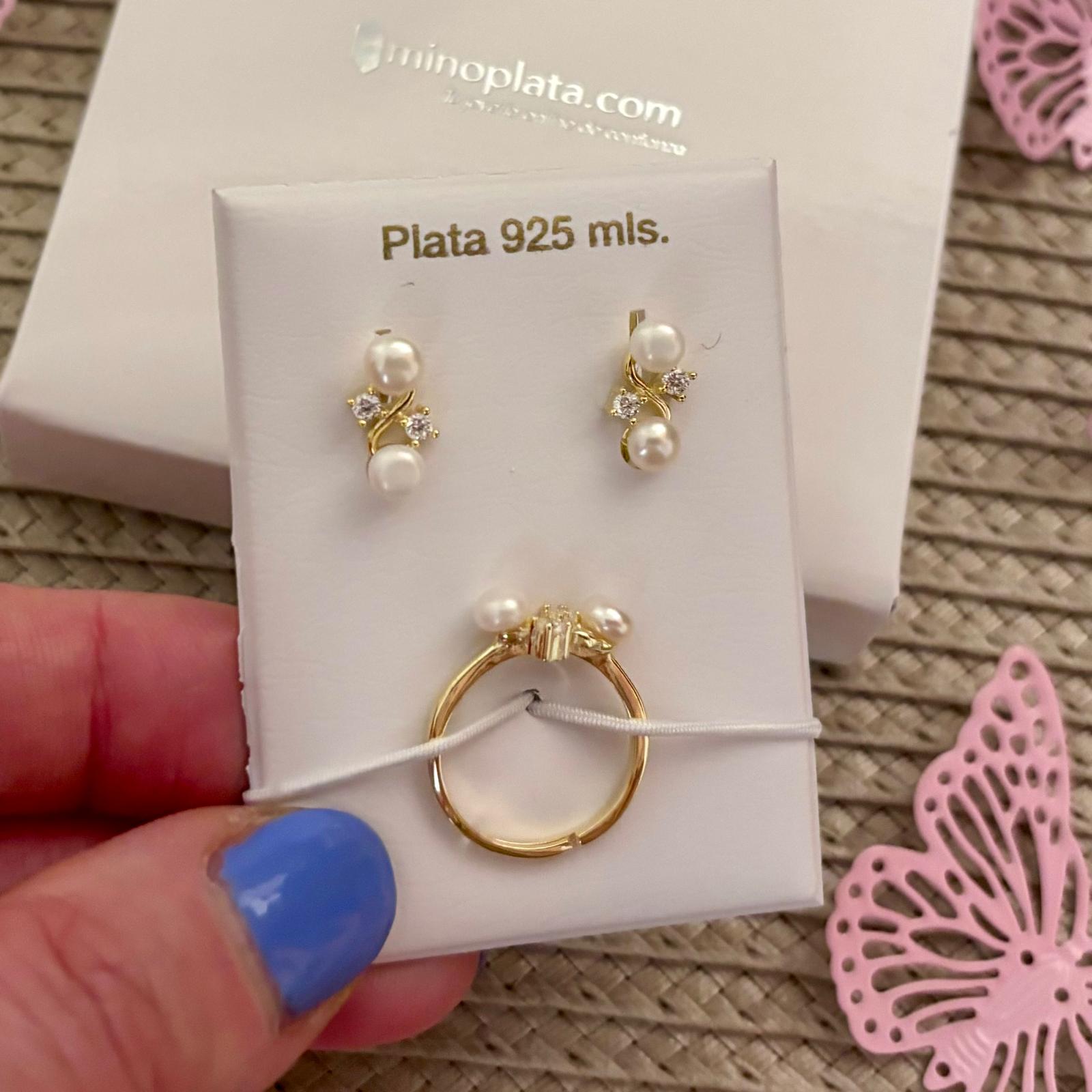 Conjunto Primera Comunión Pendientes y Sortija ajustable de Plata dorada con Perlas cultivadas y Circonitas_1