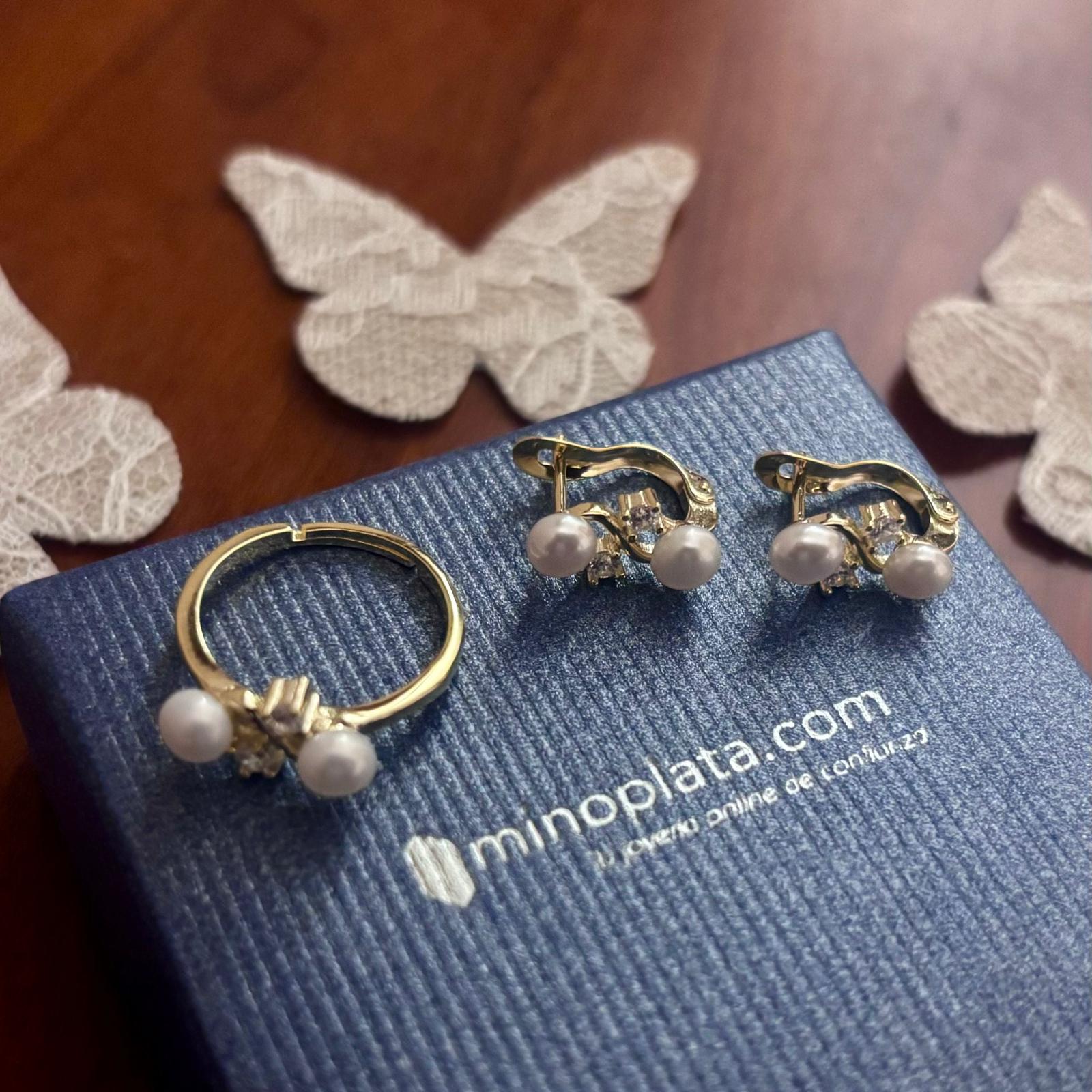 Conjunto Primera Comunión Pendientes y Sortija ajustable de Plata dorada con Perlas cultivadas y Circonitas 3