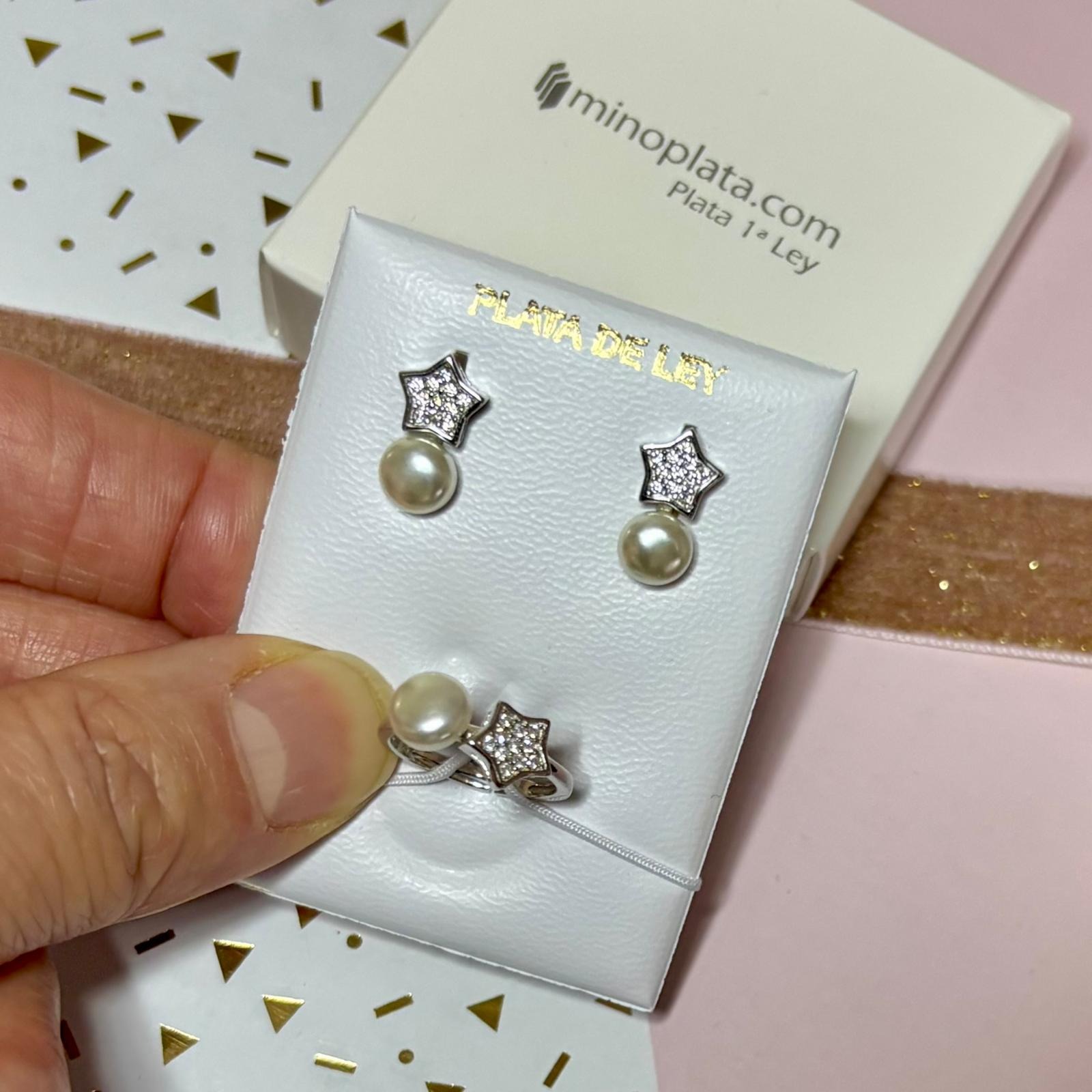 Conjunto Pendientes y Sortija ajustable estrella de Plata rodiada con Perlas cultivadas y Circonitas 2