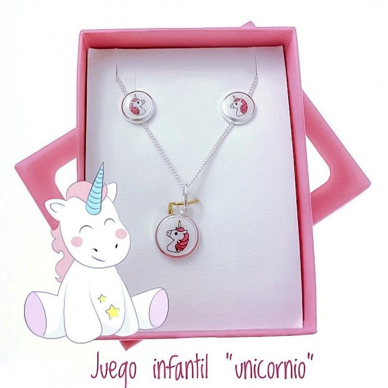 Conjunto Pendientes y Gargantilla unicornio de Plata para niña
