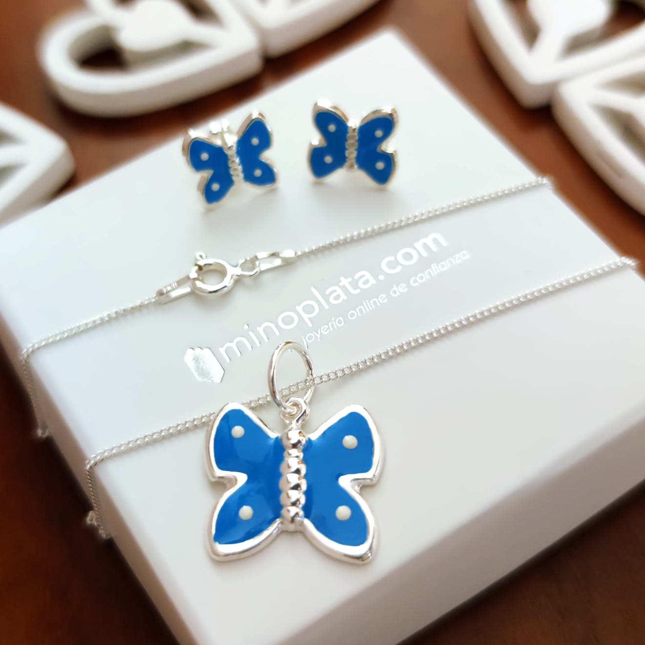 Juego Pendientes y Gargantilla de Plata Mariposas azules niña 1