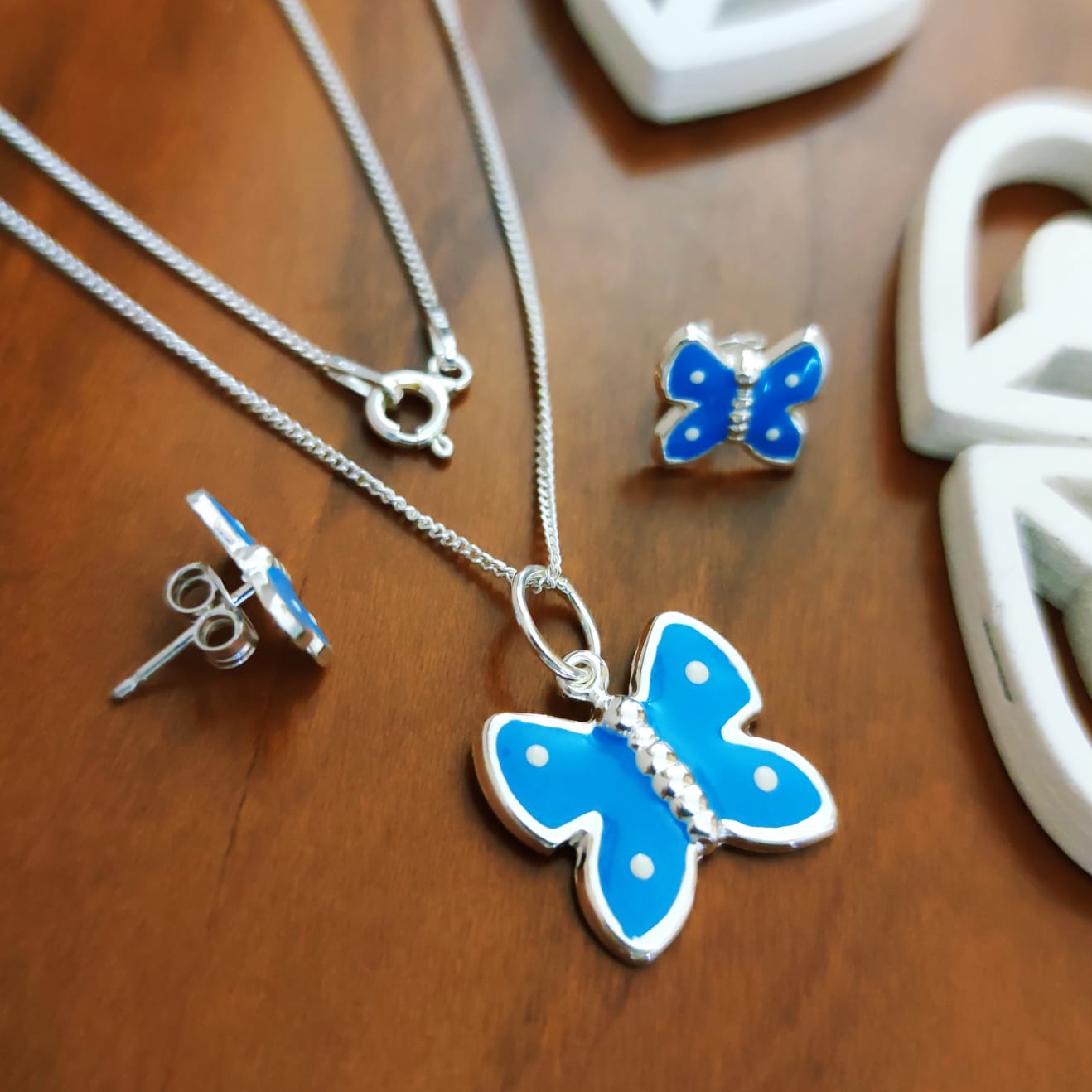Juego Pendientes y Gargantilla de Plata Mariposas azules niña 2
