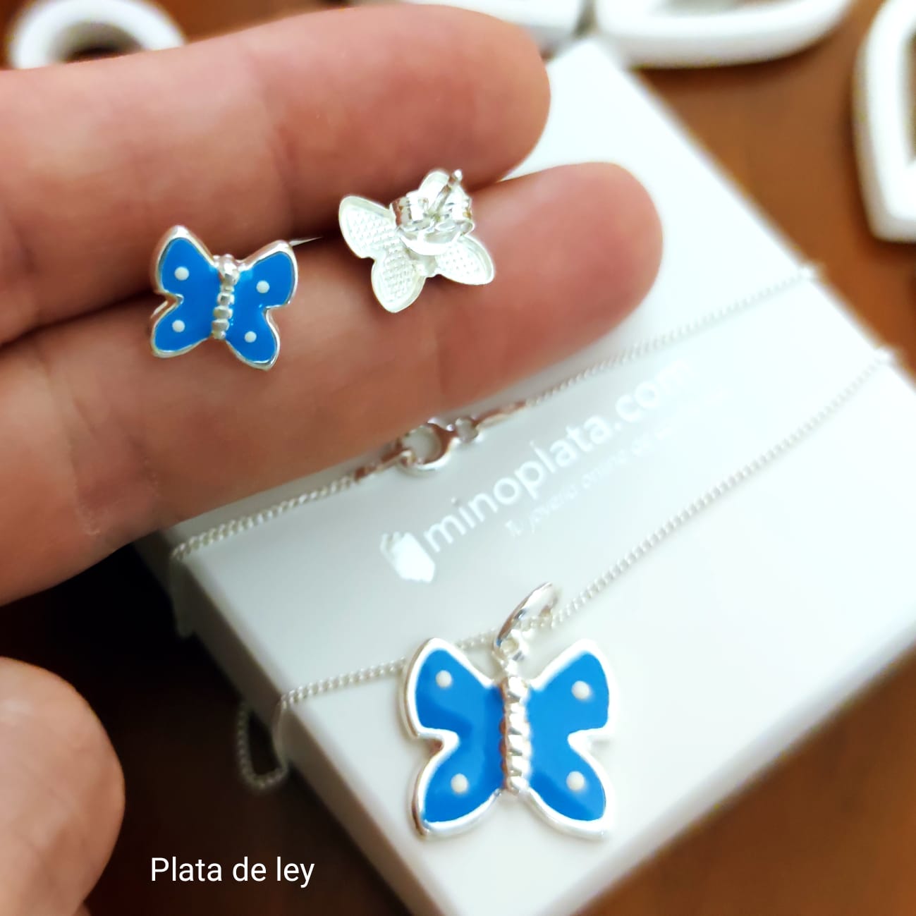 Juego Pendientes y Gargantilla de Plata Mariposas azules niña 3