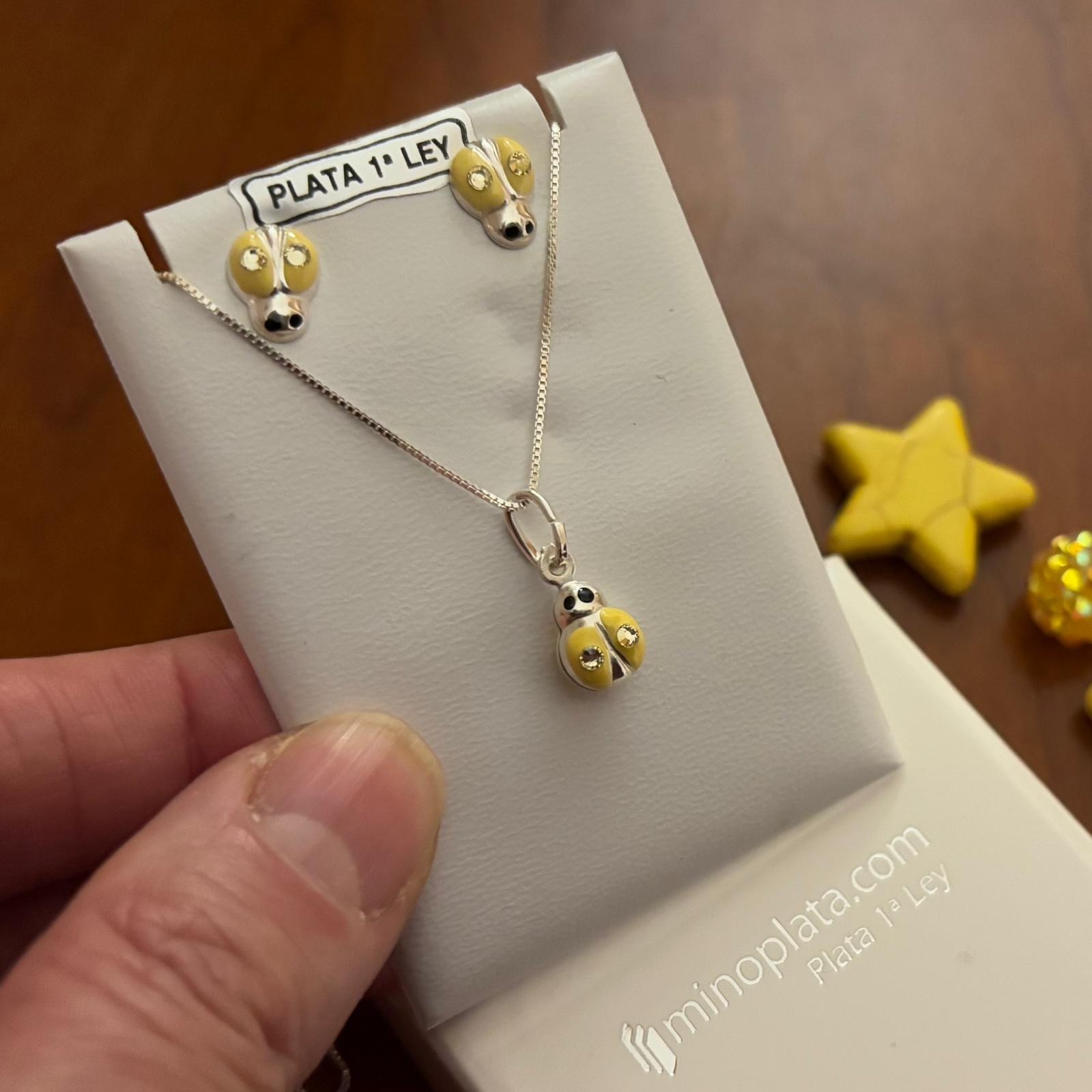 Conjunto de Pendientes y Gargantilla infantil mariquitas amarillas de Plata de ley 925