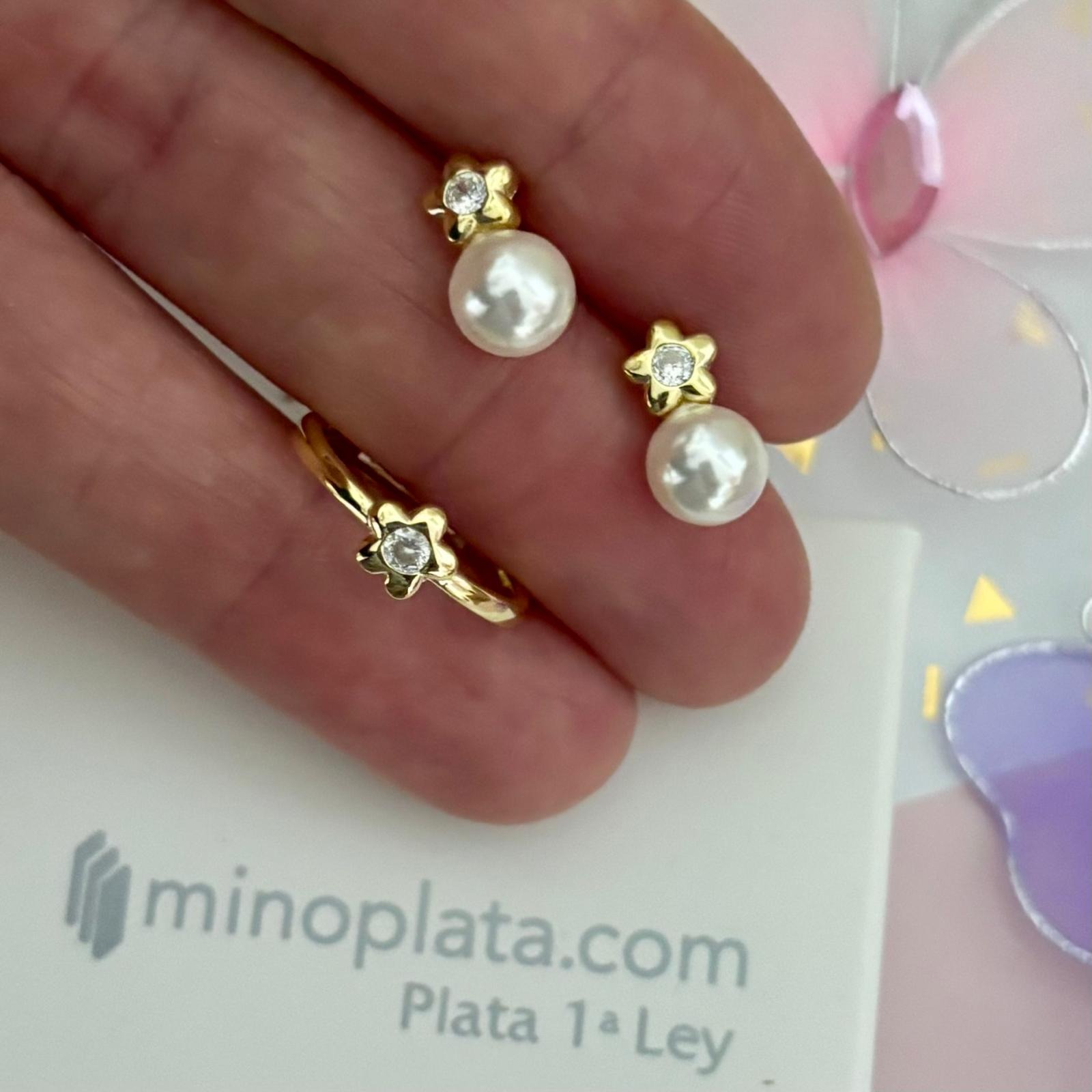 Juego infantil flor Pendientes y Anillo ajustable de Plata dorada con Perlas Cultivadas y Circonitas 1
