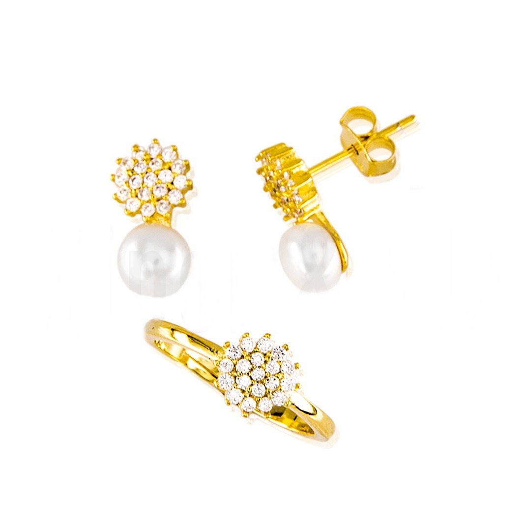 Juego Pendientes y Anillo ajustable infantil de Plata chapada en Oro con Perlas cultivadas y Circonitas