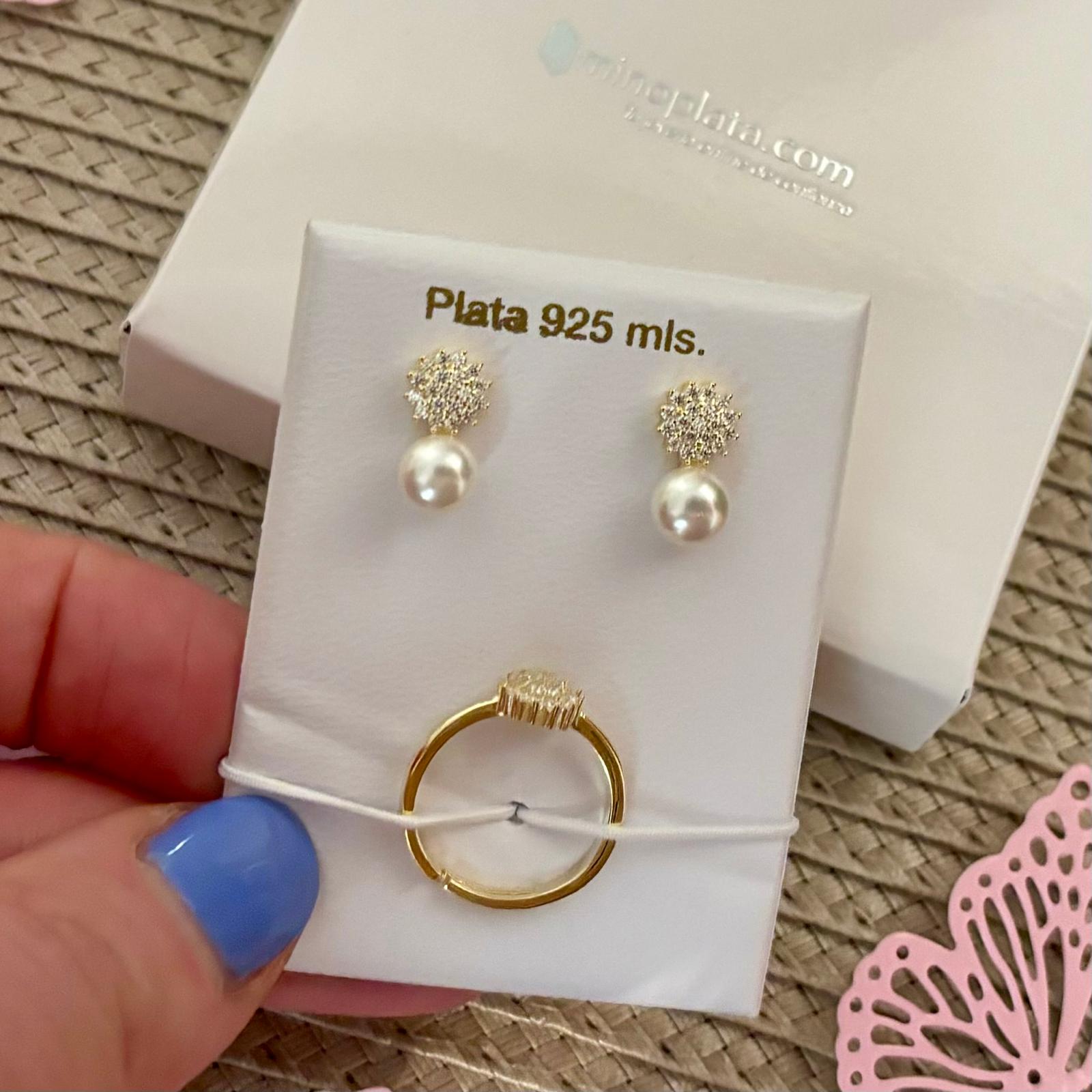 Juego Pendientes y Anillo ajustable infantil de Plata chapada en Oro con Perlas cultivadas y Circonitas 1
