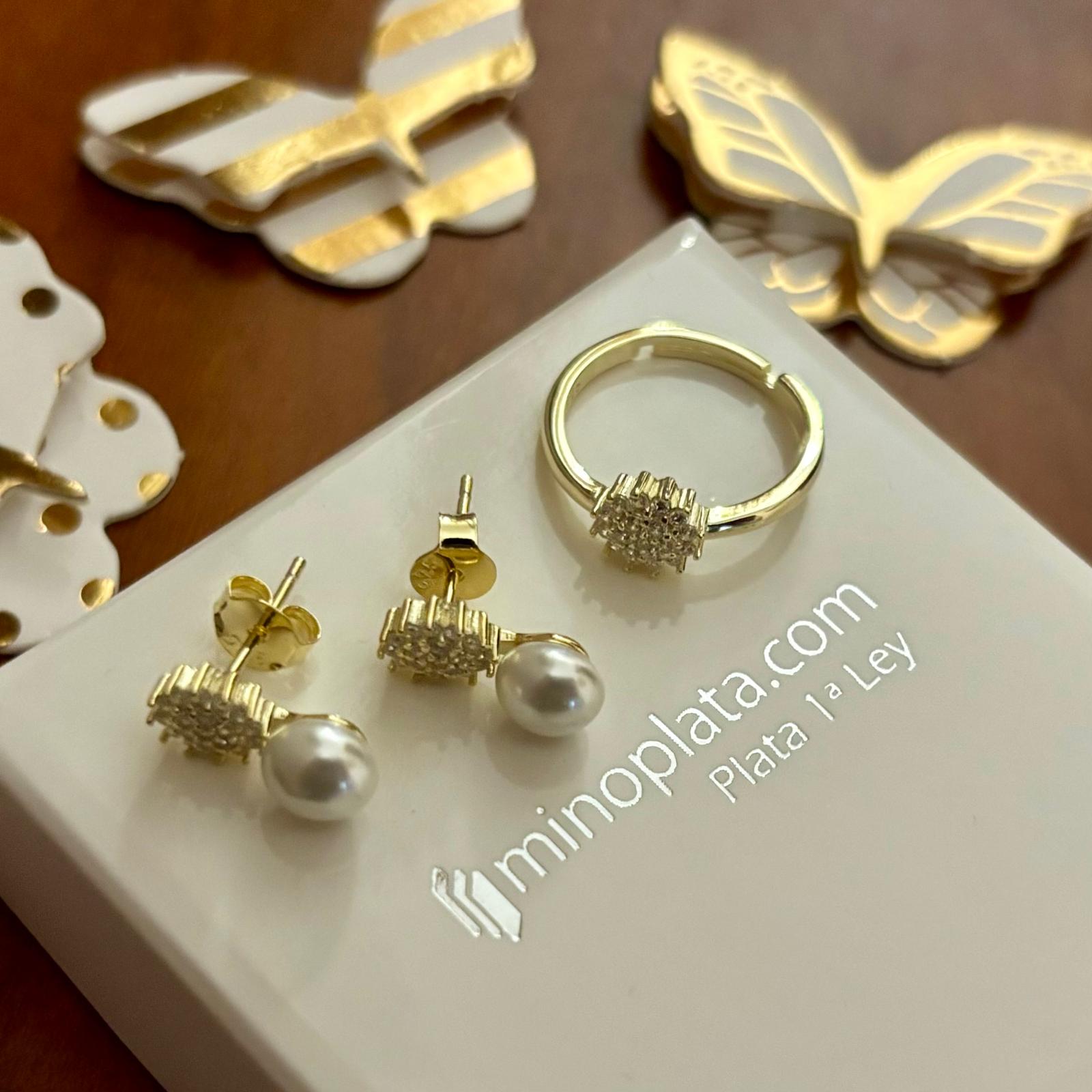 Juego Pendientes y Anillo ajustable infantil de Plata chapada en Oro con Perlas cultivadas y Circonitas 2