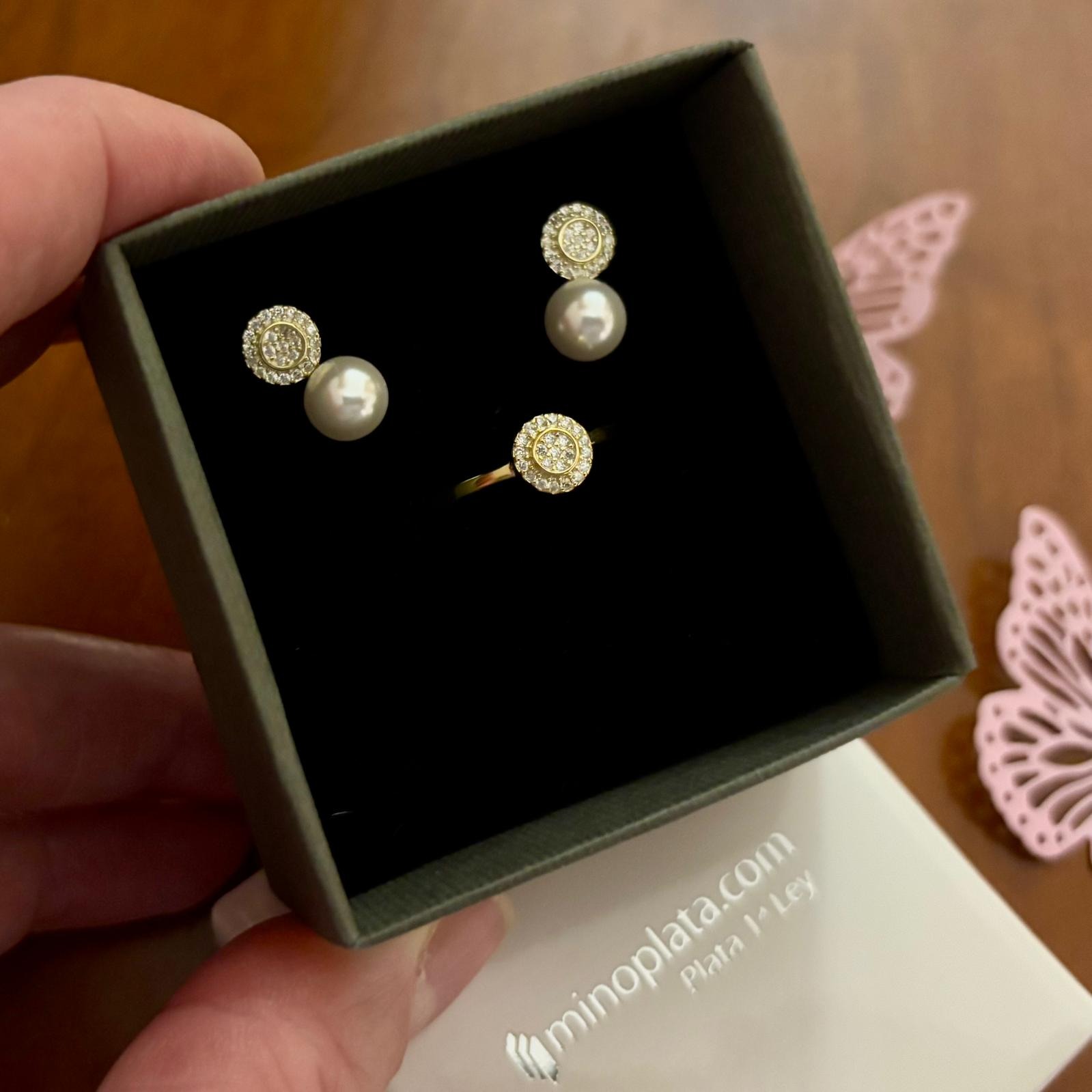 Juego de Pendientes y Anillo ajustable en Plata chapada dorada con Perlas cultivadas y Circonitas 3