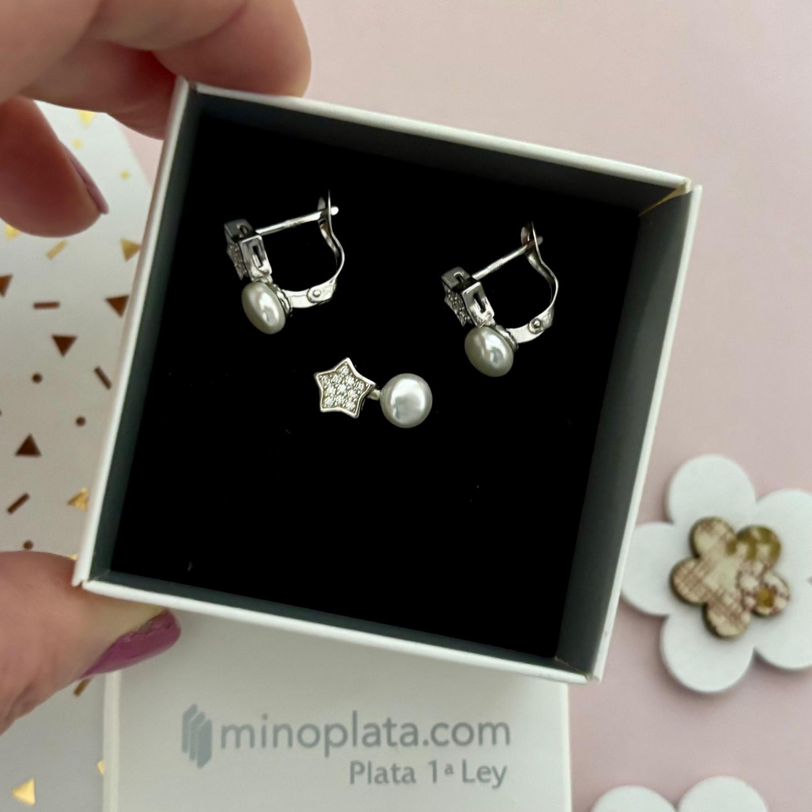 Conjunto Pendientes y Sortija ajustable estrella de Plata rodiada con Perlas cultivadas y Circonitas 3