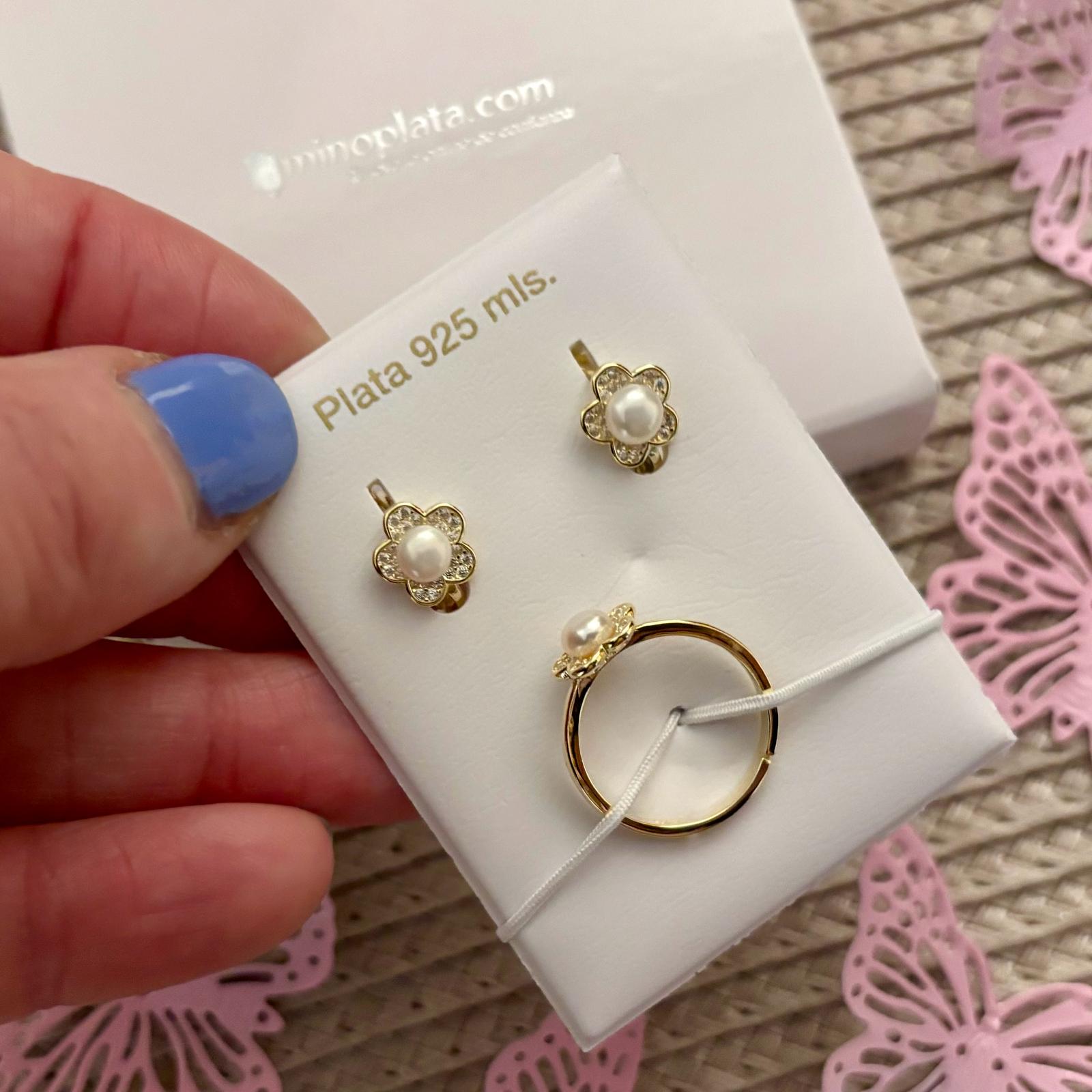 Juego Pendientes y Sortija ajustable de Plata de ley chapada en Oro con Perlas cultivadas_1