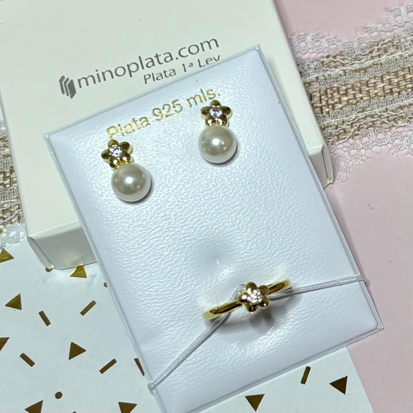 Juego infantil flor Pendientes y Anillo ajustable de Plata dorada con Perlas Cultivadas y Circonitas 4