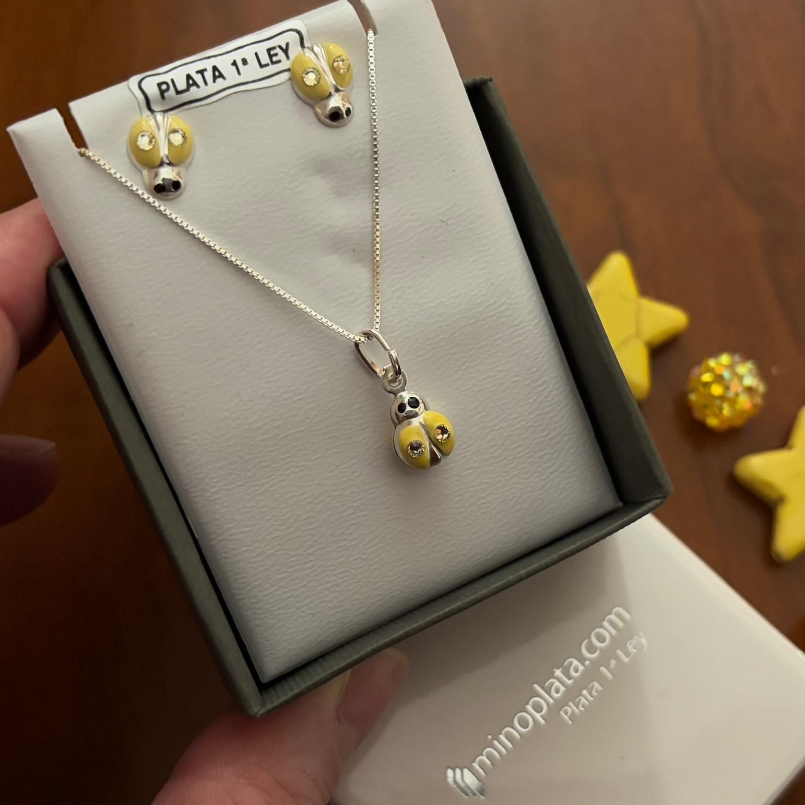 Conjunto de Pendientes y Gargantilla infantil mariquitas amarillas de Plata de ley 925 1