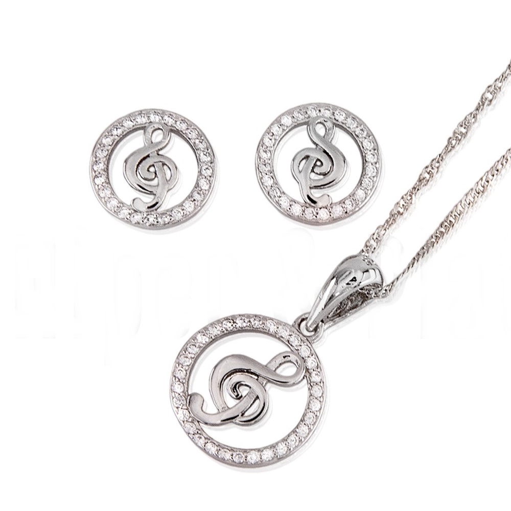 Conjunto Pendientes y Gargantilla Clave de Sol Plata y Circonita