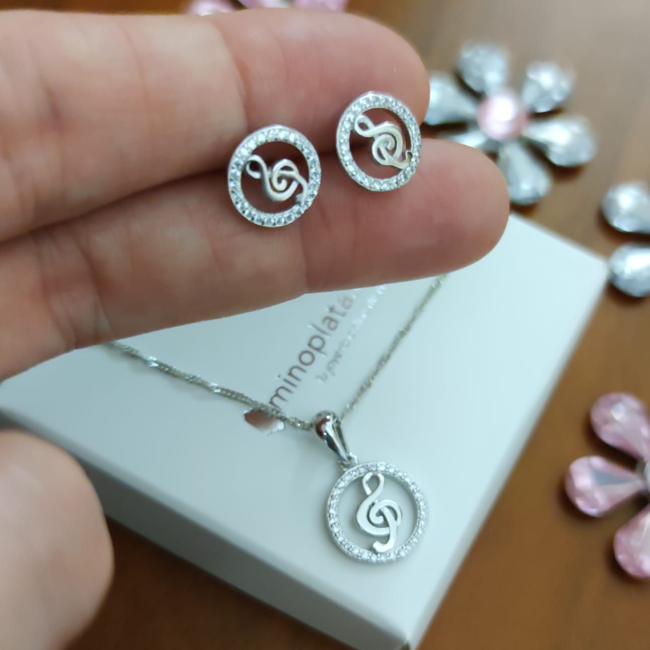 Conjunto Pendientes y Gargantilla Clave de Sol Plata y Circonita 1