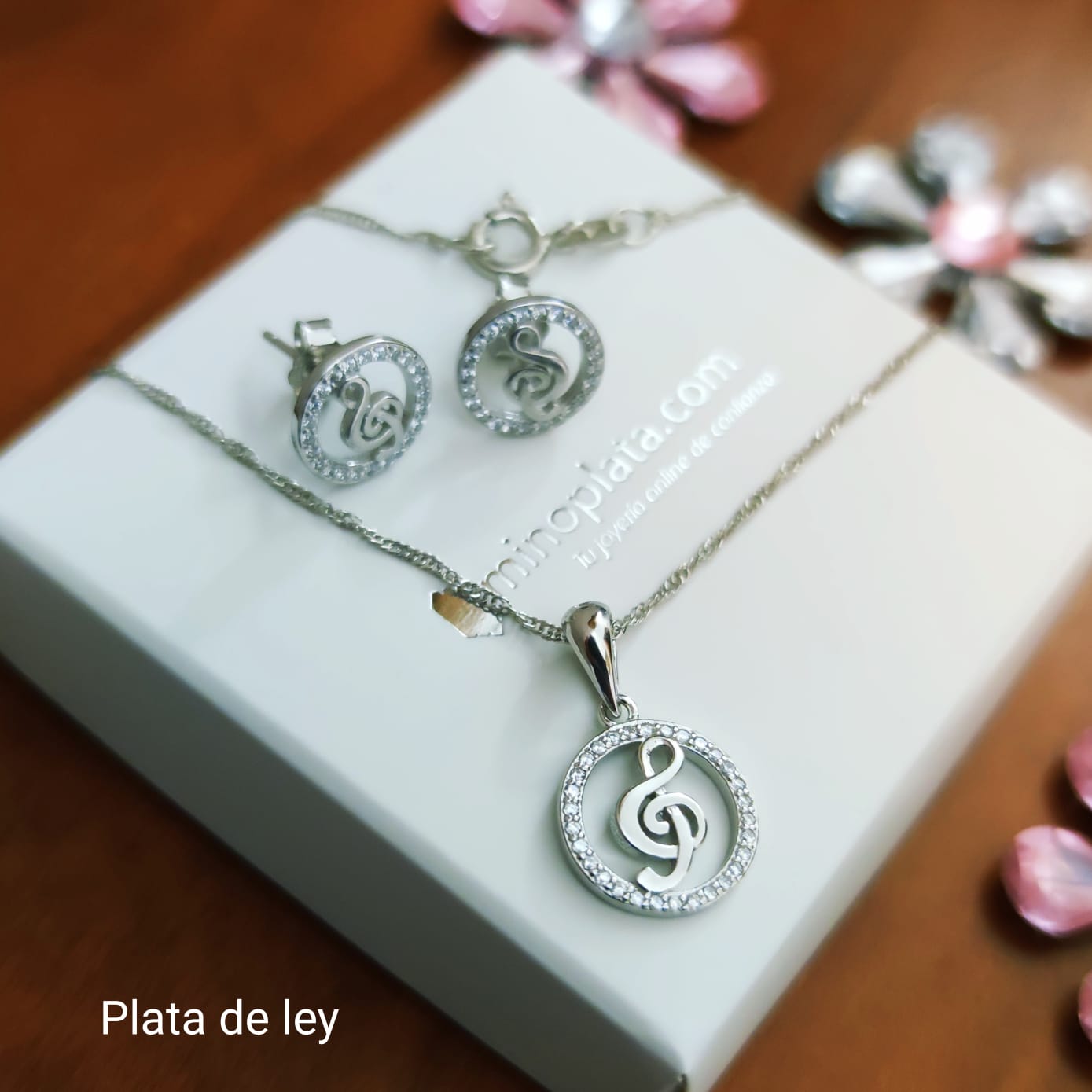 Conjunto Pendientes y Gargantilla Clave de Sol Plata y Circonita 2