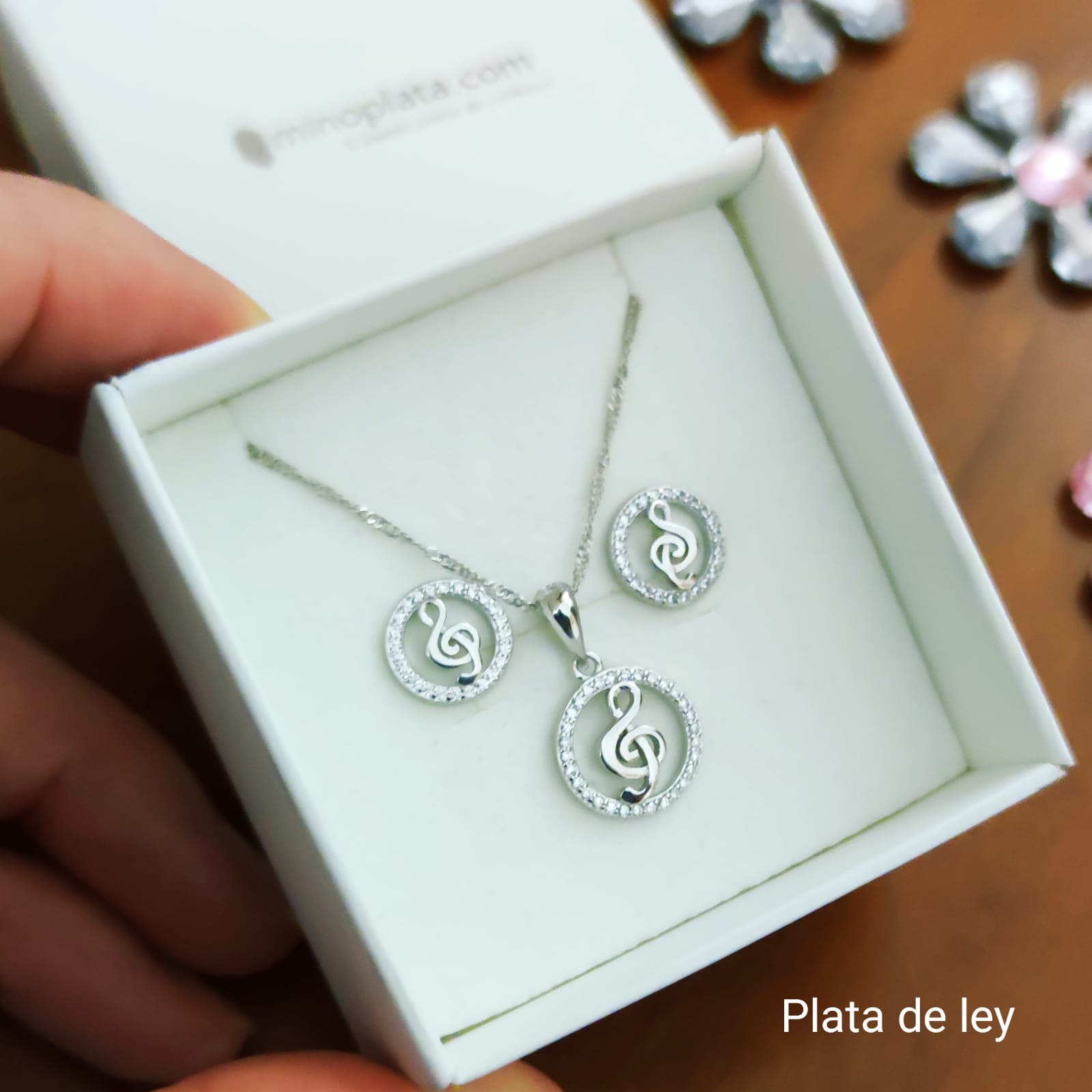 Conjunto Pendientes y Gargantilla Clave de Sol Plata y Circonita 3