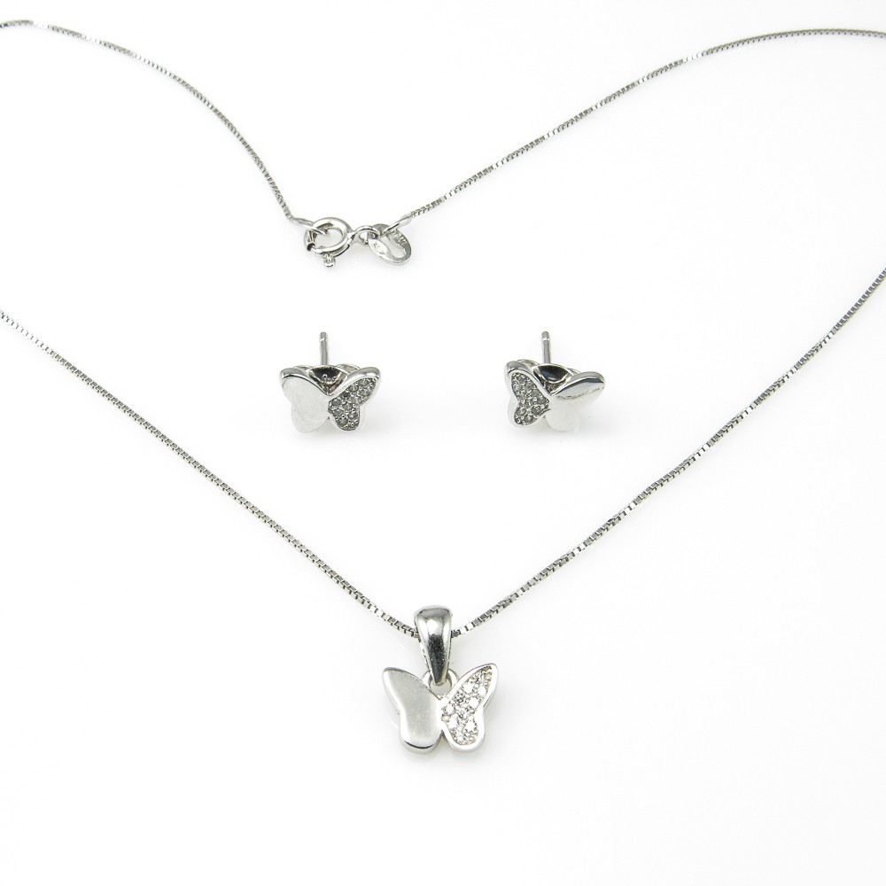 Conjunto mariposas de Plata y Circonitas Pendientes+Collar