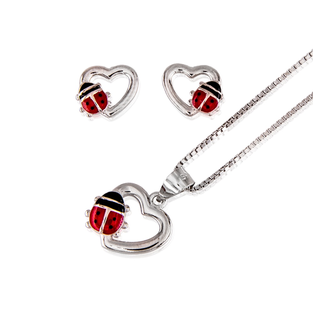 Juego de Pendientes y Gargantilla corazón de Plata con mariquita