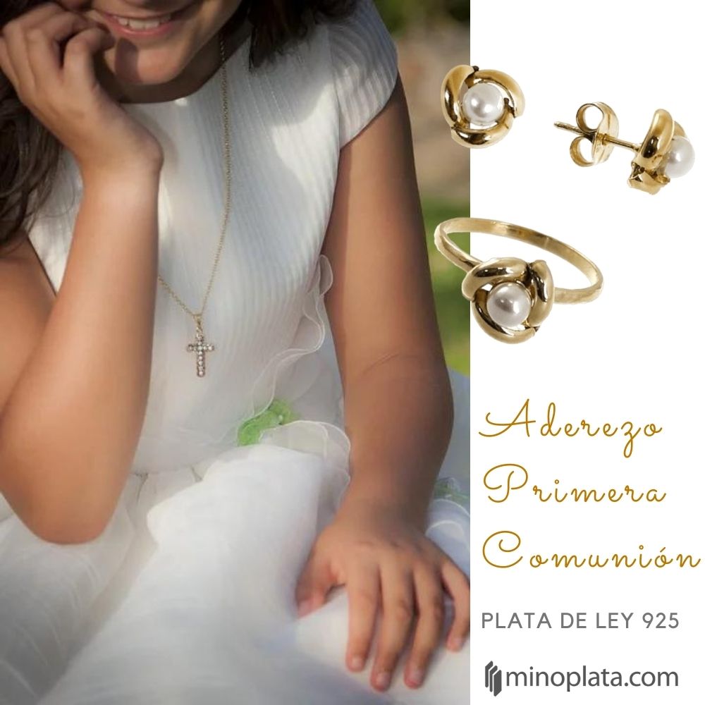 Aderezo de Plata chapada Oro con Perlas para niña 4