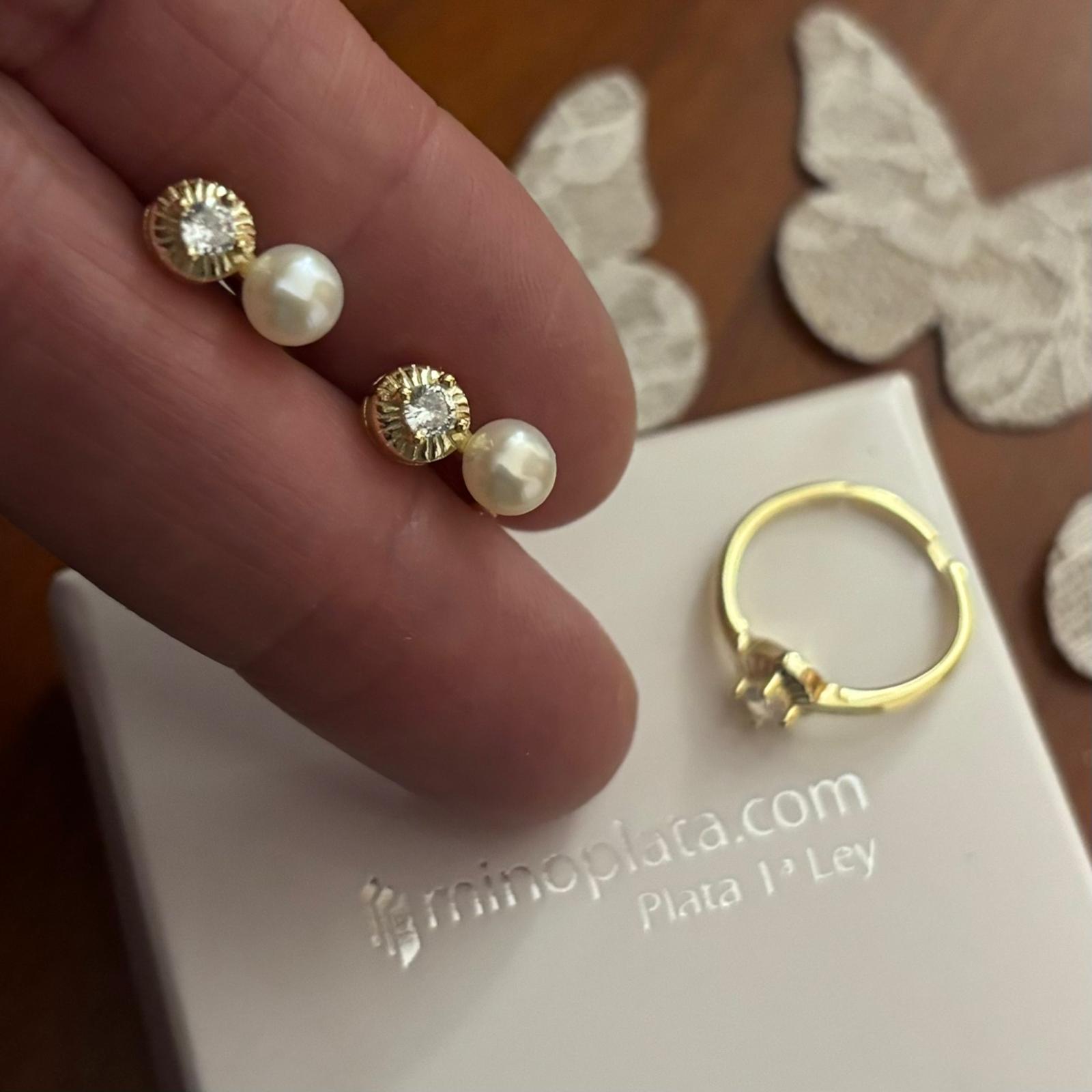 Conjunto de Pendientes y Anillo ajustable de Plata chapada en Oro con Perlas cultivadas y Circonitas_1