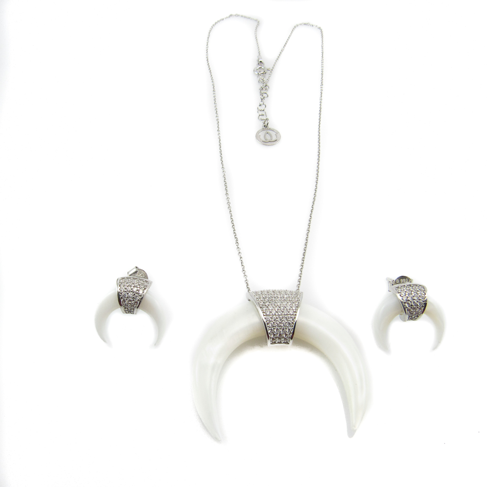 Conjunto Pendientes y Collar cuerno nácar, Plata y Circonitas