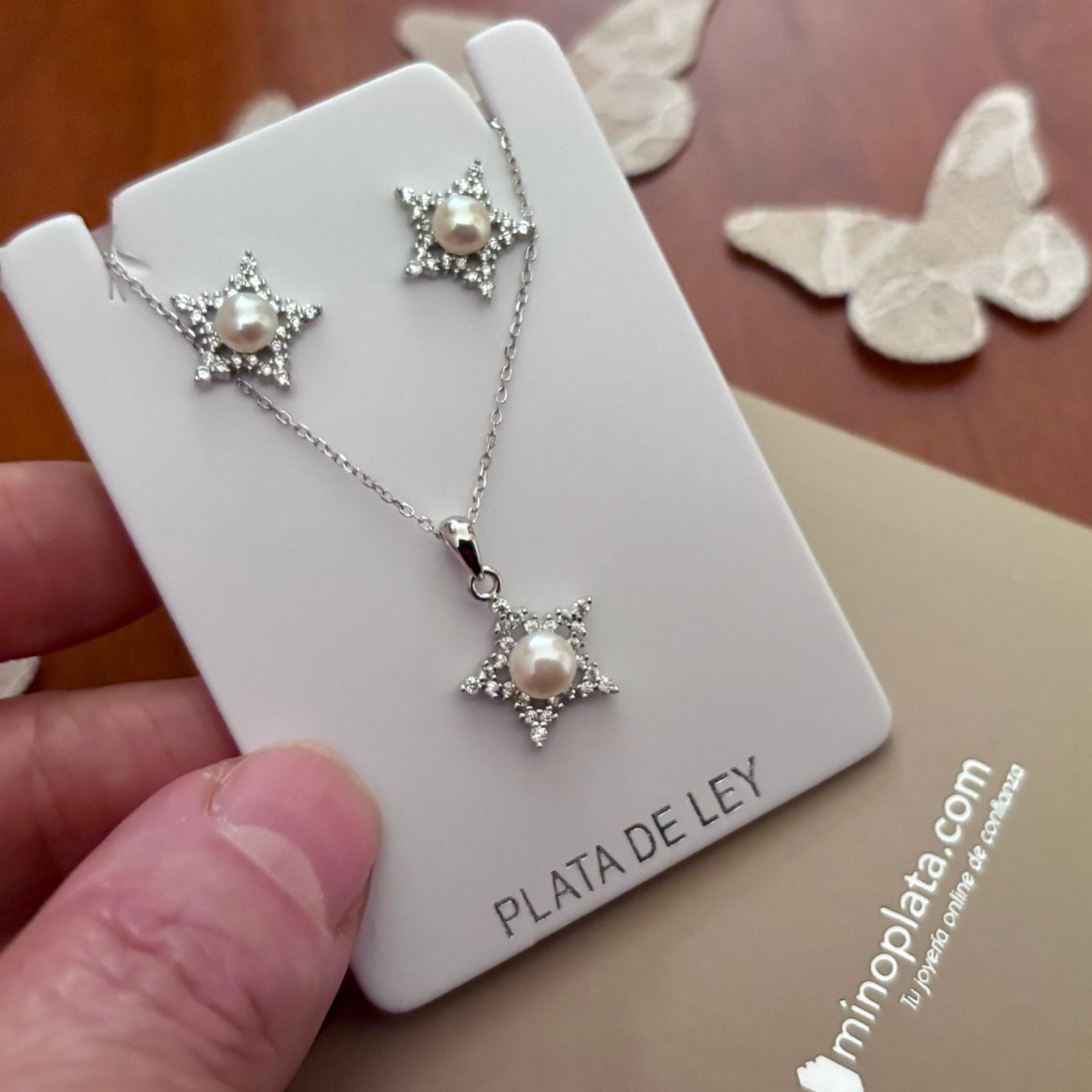 Conjunto Pendientes y Collar estrella de Plata rodiada con Circontias y Perlas cultivadas