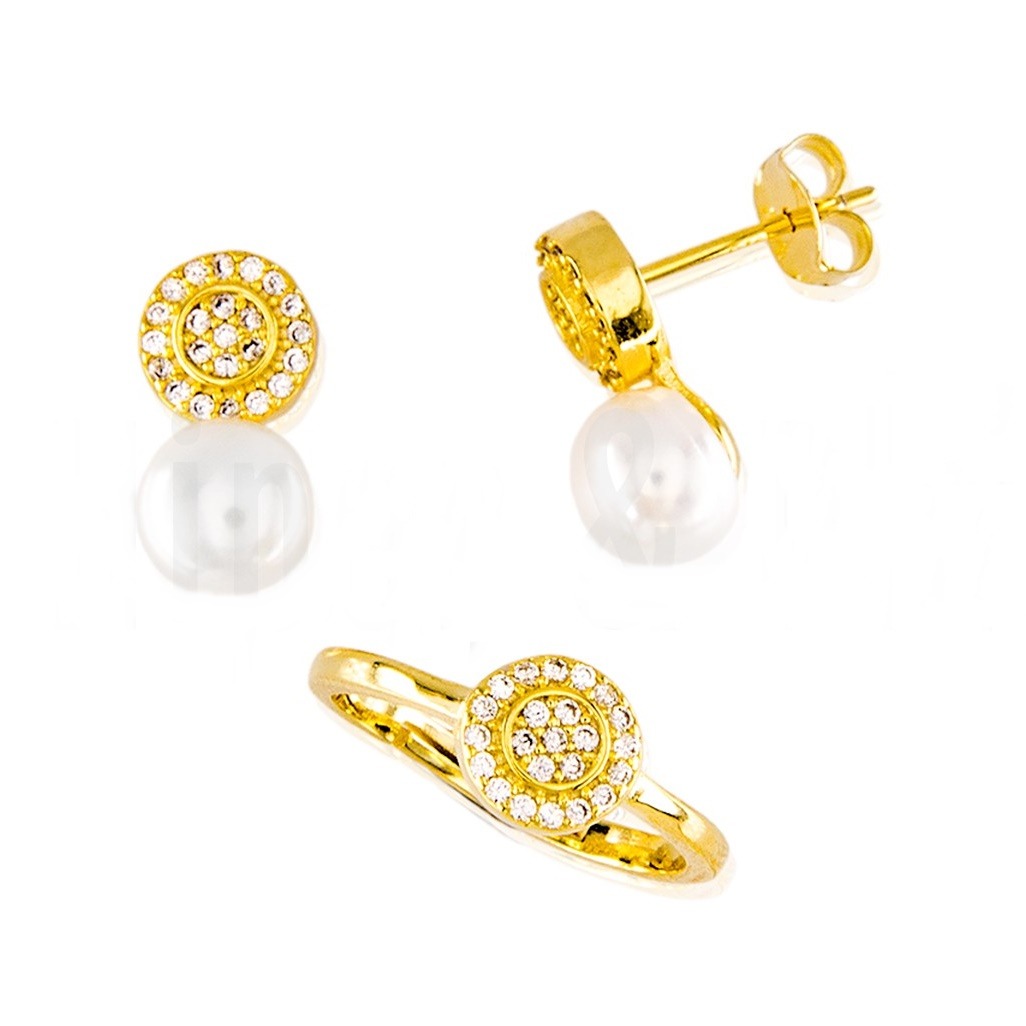 Juego de Pendientes y Anillo ajustable en Plata chapada dorada con Perlas cultivadas y Circonitas