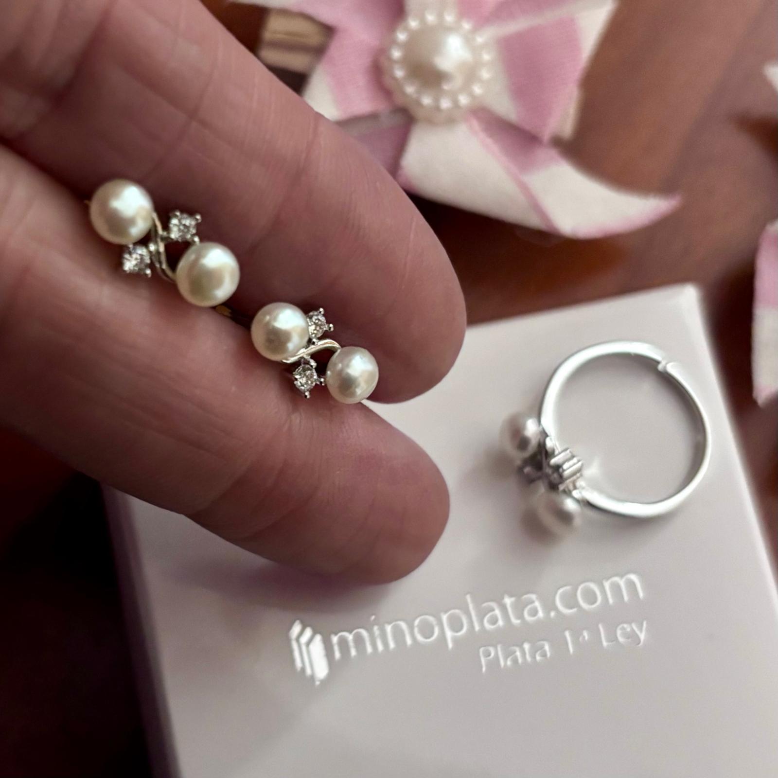 Conjunto Pendientes y Anillo ajustable de Plata rodiada Perlas cultivadas y Circonitas para niña