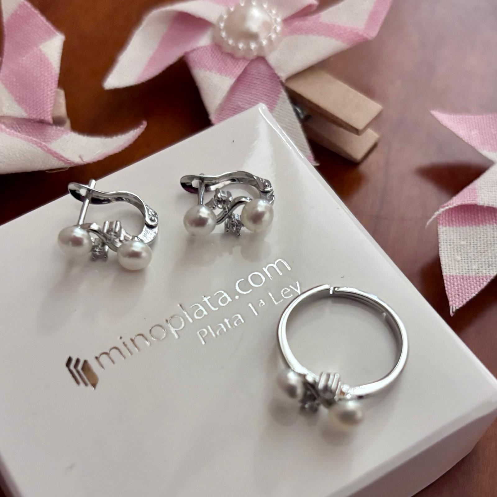 Conjunto Pendientes y Anillo ajustable de Plata rodiada Perlas cultivadas y Circonitas para niña 2