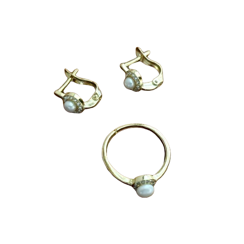 Conjunto Pendientes con Anillo ajustable de Plata chapada en Oro con Perla cultivada y Circonitas