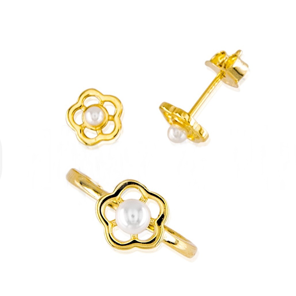 Conjunto flor calada Pendientes y Anillo ajustable de Plata dorada y Perlas cultivadas niña