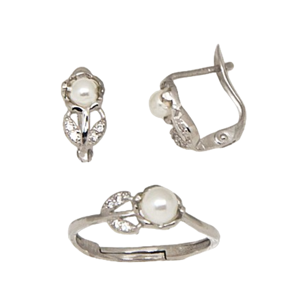 Juego Pendientes y Sortija ajustable flor de Plata rodiada con Perlas de río y Circonitas