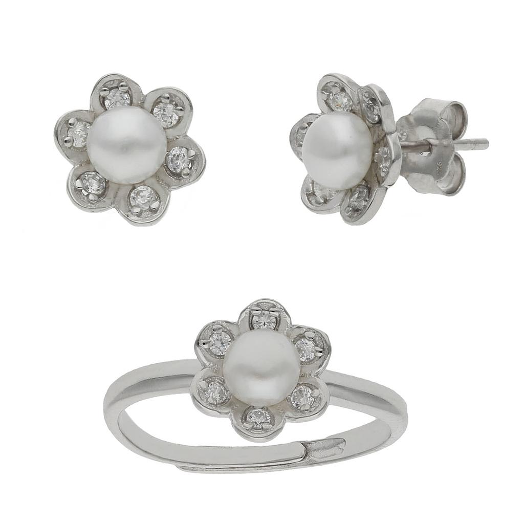 Conjunto flor Pendientes y Anillo de Plata rodiada con Perlas y Circonitas