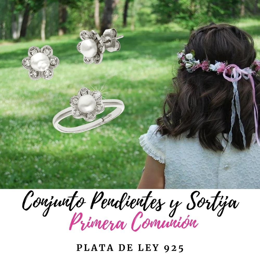 Conjunto flor Pendientes y Anillo de Plata rodiada con Perlas y Circonitas 5