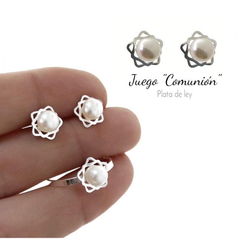 Conjunto Pendientes y Anillo Comunión de Plata de ley y Perlas cultivadas