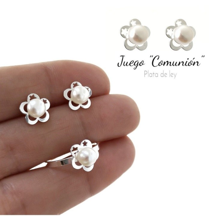Conjunto Comunión Pendientes y Anillo de Plata de ley y Perlas cultivadas para niñas