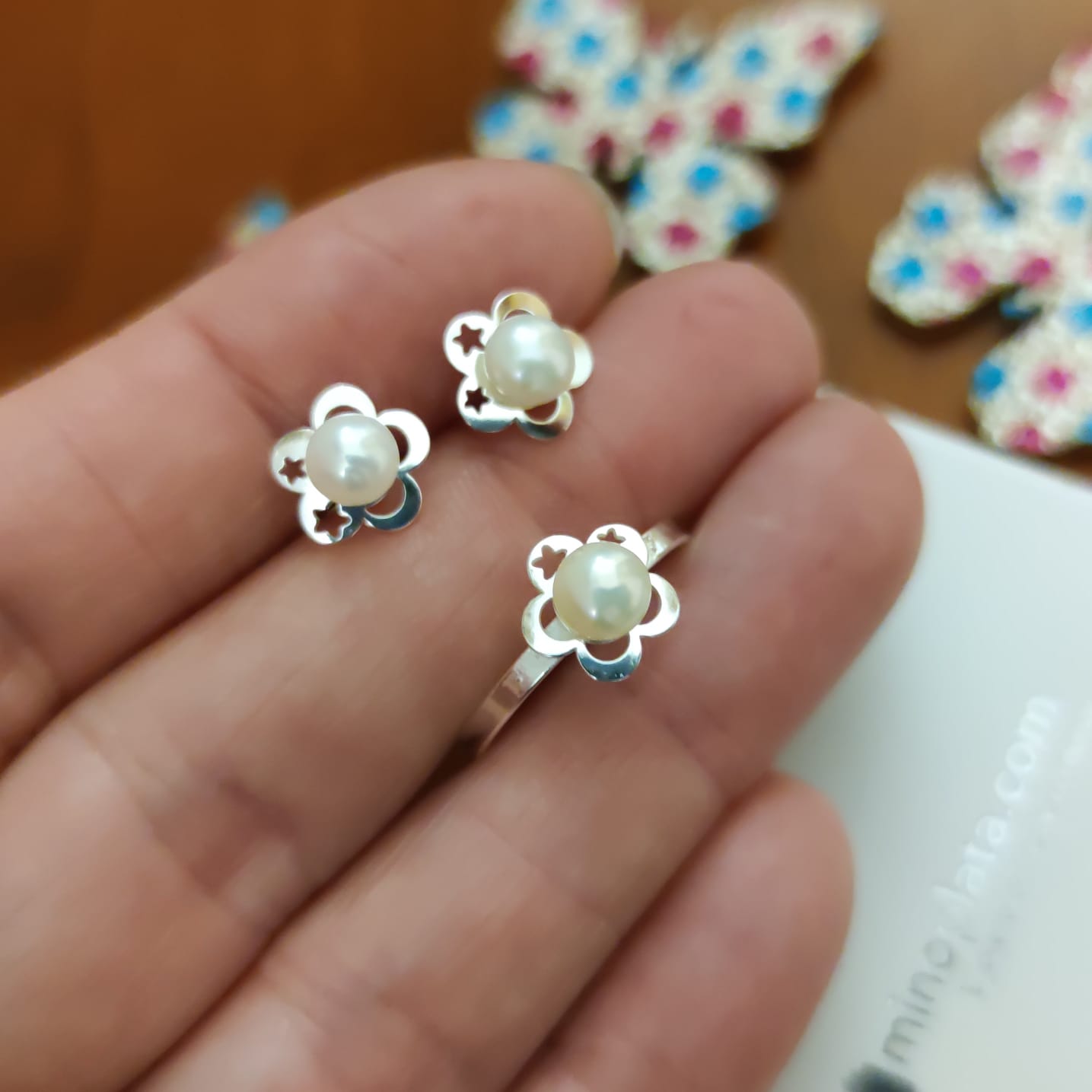 Conjunto Comunión Pendientes y Anillo de Plata de ley y Perlas cultivadas para niñas 2