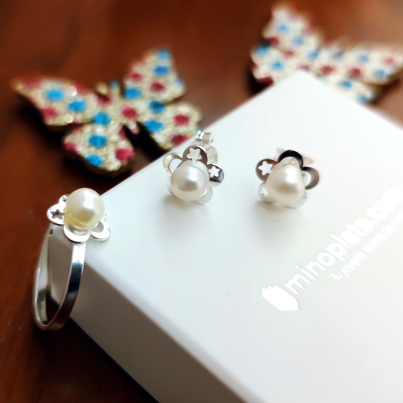 Conjunto Comunión Pendientes y Anillo de Plata de ley y Perlas cultivadas para niñas 3