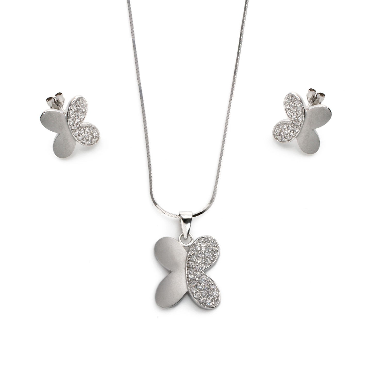 Conjunto Mariposas Pendientes y Colgante Plata RH con Circonitas