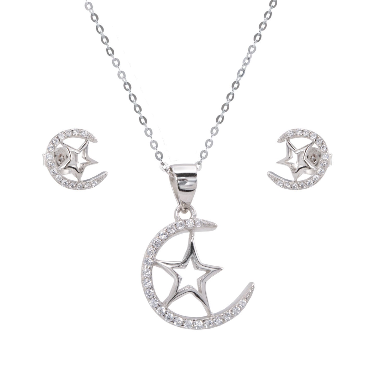 Juego Pendientes y Collar estrellas de Plata rodiada y Circonita