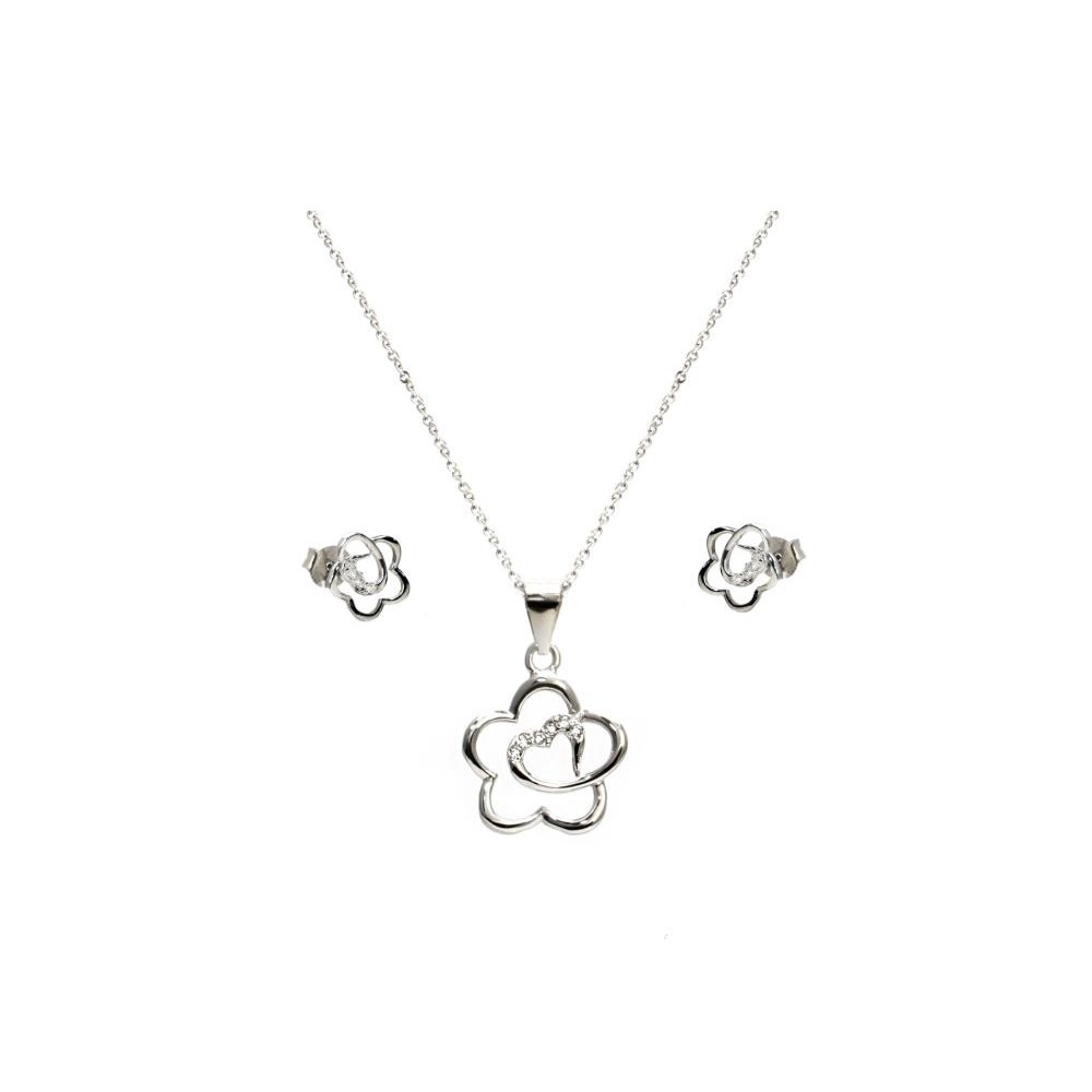 Juego Pendientes y Gargantilla flor corazón de Plata de ley