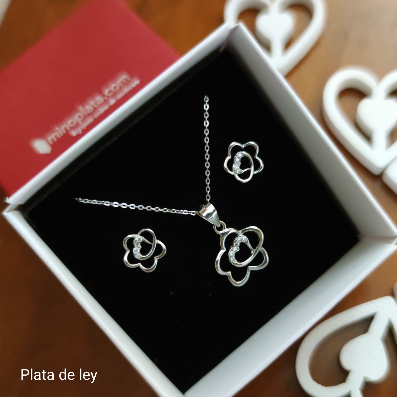 Juego Pendientes y Gargantilla flor corazón de Plata de ley 1