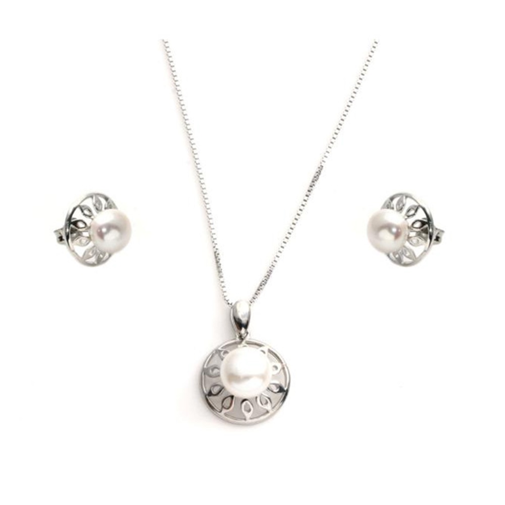 Conjunto Pendientes y Collar Plata calada con Perlas Cultivadas