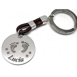 Llavero pies personalizado nombre de Plata y Cuero marrón