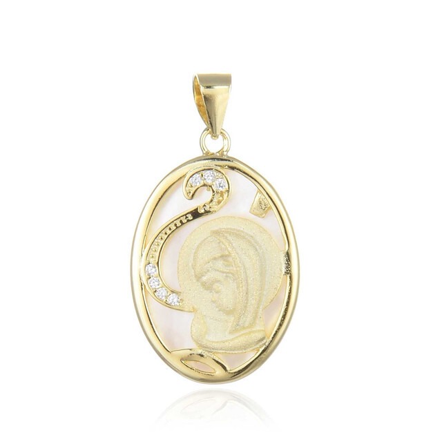 MINOPLATA Medalla ovalada Virgen Niña de Plata dorada lisa y matizada con Nácar y Circonitas