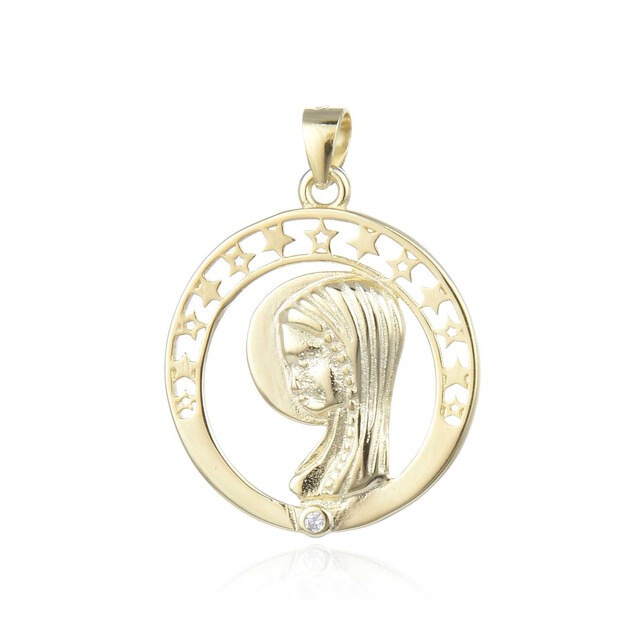 Medalla Virgen Niña estrellas y Circonita de Plata de ley dorada